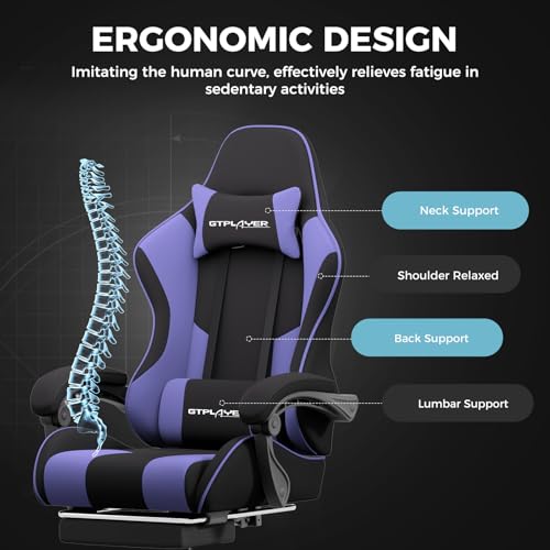 GTPLAYER Gaming Chair, Computer Chair with Footrest and Lumbar Support, Height Adjustable Game Chair with 360°-Swivel Seat and Headrest and for Office or Gaming (Purple, Fabric)