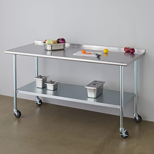 Image of Stainless Steel Table for Prep & Work with Caster & Backsplash 30x72 Inches, NSF Metal Commercial Kitchen Heavy Duty Table with Adjustable Under Shelf and Table Foot for Restaurant, Home and Hotel