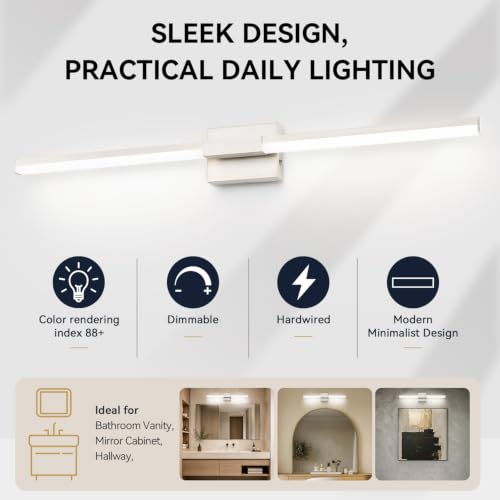 Image of SOLFART Bathroom Light Fixture 40-Inch: Brushed Nickel Dimmable Vanity Lights for Bathroom, Built-in Dimmer, Thickened Aluminum Body, 360 Degree Rotation, ETL IP44