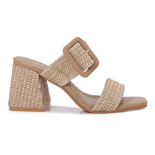 Image of Women's Raffia Slide Sandals Square Open Toe Heeled Sandals Two Strap Mules Slip On Block Chunky Heels Sandals for Women