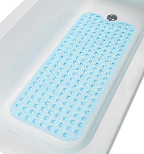 TIKE SMART Extra-Long Non-Slip Bathtub & Shower Mat 39”x16” (Smooth/Non-Textured Tubs Only) Safe, Clean, Machine-Washable, Superior Grip&Drainage, Vinyl, Transparent Light Blue