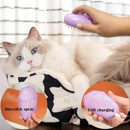Image of Steam Brush for Cats, Spray Comb Mist Brush, Rechargeable Steam Pet Brush for Dogs and Cats, Self-Cleaning 3-in-1 Cat Hair Brush with Steam for Long and Short Hair for Cats and Dogs (purple)