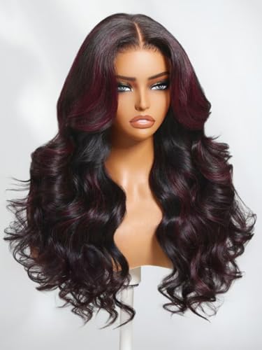 Image of Beauty Forever Pre Everything Glueless Front Black Cherry Highlights Body Wave Face Framing Human Hair Drawstring Wig Pre Plucked Pre Cut 13x4 HD Lace Bye Bye Knots Ready to Wear Frontal Wig 22inch