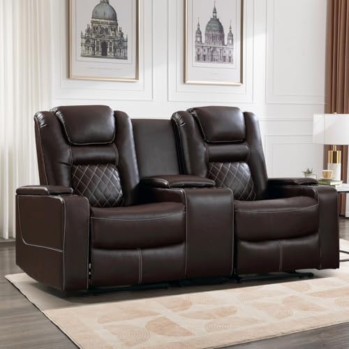 EBELLO Home Theater Seats, Faux Leather Movie Daul Recliner Chair with Console, Power Gaming Loveseat Sofa with Cup Holders and USB Charge, Brown