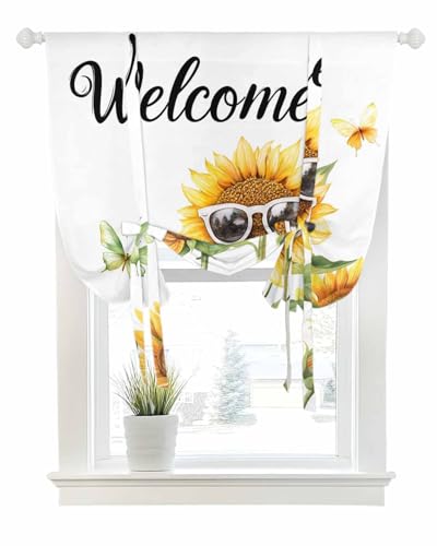 Tie Up Curtains for Windows Farm Sunflower Butterfly Rod Pocket Tie-Up Window Shade Adjustable Balloon Curtain Valance Country Sunglasses Floral for Bedroom Kitchen Bathroom Blinds,42x45in