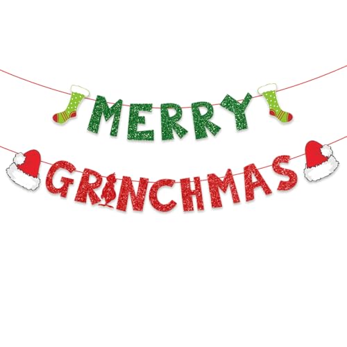 Christmas Decorations Party Banners Indoor Glittery Christmas Decor Banner Red Green Banner for Home Fireplace Decor