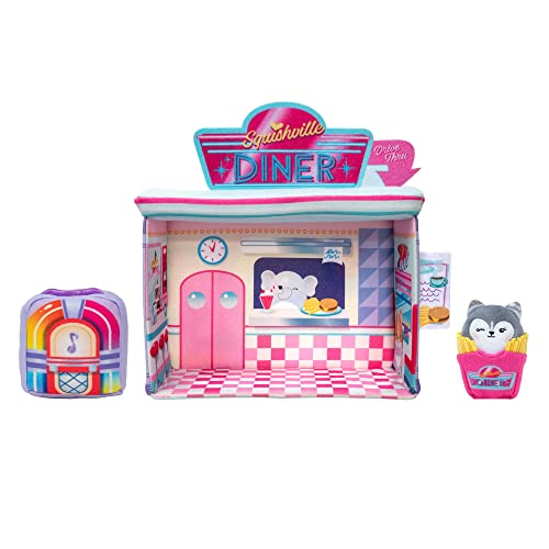 Squishville by Original Squishmallows Darling Diner Playset - Includes 2-Inch Heidi The Husky Plush, Jukebox, French Fries, and Diner Playscene - Toys for Kids