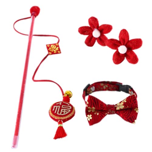 BELLIFFY 1 セット 猫の蝶ネクタイの猫のティーザー 猫のおもちゃキット 猫のもの 釣り竿の猫のおもちゃ ペット旧正月衣装 犬正月バンダナ 猫の新年のおもちゃ 猫衣装供給 綿ポリエステル 赤