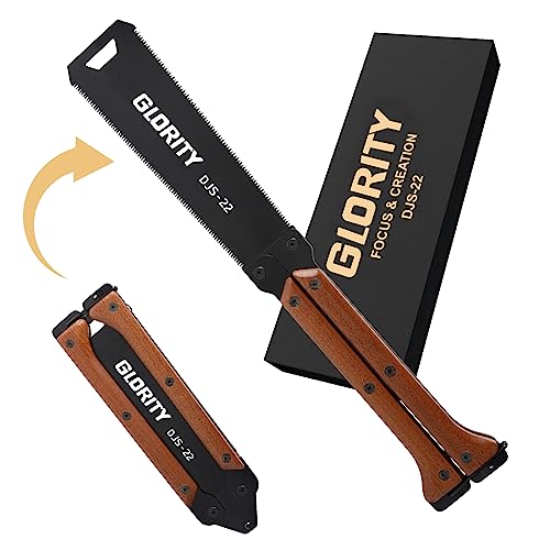 GLORITY Hand Saw, 8 Inch Japanese Hard Folding Pull Saw, 13/14 TPI Double Edges, 3 Side Grinding Gear Wood Saw, SK5 Blade Pull Saw, Hand Saws for Hard Wood, Soft Wood, DIY?DJS-22, Brown