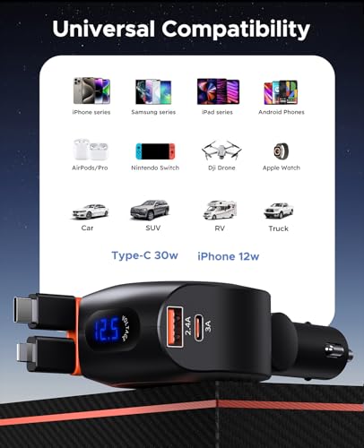 Retractable Car Charger, KOOPAO 69W 4 in 1 Fast Phone Car Charging Adapter, Multi USB C PD - image 4