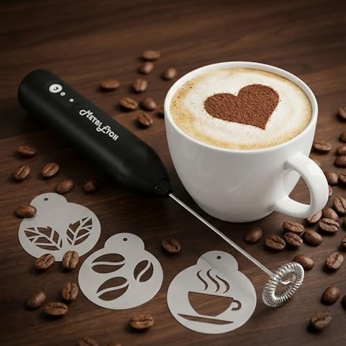Image of Coffee Frother Electric Rechargeable Coffee Maker Machine | Free Coffee Stencils | Electric Coffee Frother Machine & Milk Whisker with Double Whisk Coffee Blender | 1 Year Warranty |