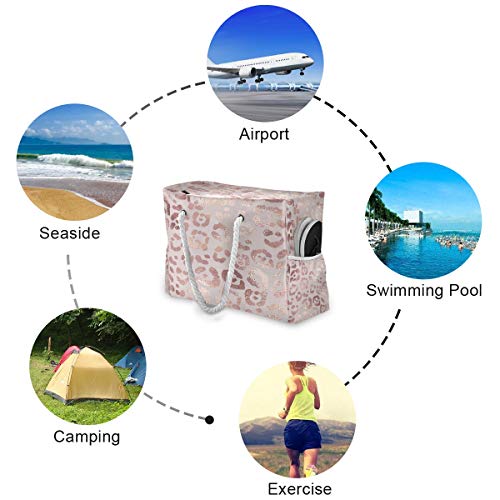 ALAZA Large Travel Beach Tote, Rose Gold Leopard Polyester Handbag Gym Shoulder Bags with Cotton Rope3