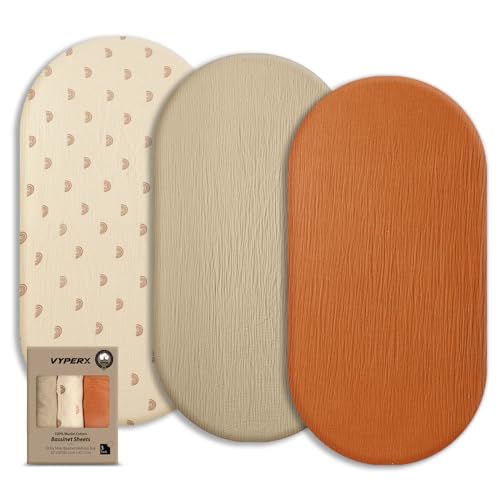 Image of VYPERX Soft Muslin Bassinet Sheets 32" x 18", Baby Bassinet Mattress Fitted Cover, Universal Fit for Halo, Fisher Price, Delta, Graco, Other Oval Bassinet or Cradle, 3 Pack for Girl or Boy Rainbow