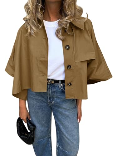 Cicy Bell Womens Oversized Cropped Trench Coats Single Breasted 3/4 Cape Sleeve Trendy Casual Jackets Button up Outerwear