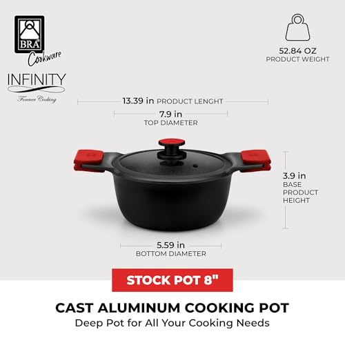Image of BRA COOKWARE Infinity Nonstick Stock Pot w /Glass Lid | 8 Inch 2.8 Quart Cast Aluminum Cooking Pot | PFOA /PFAS Free Deep Pot | All Cooktops (incl Induction) | Removable Silicone Handle
