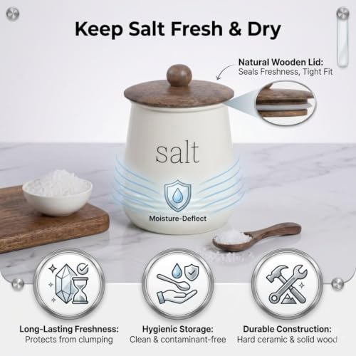 Image of Stylish Airtight Container for Kitchen, Salt Storage,White, Metal with Wooden Lid & Spoon, 1000ml, Canister for Kitchen Counter top | Food-Safe Jar Set (Salt)