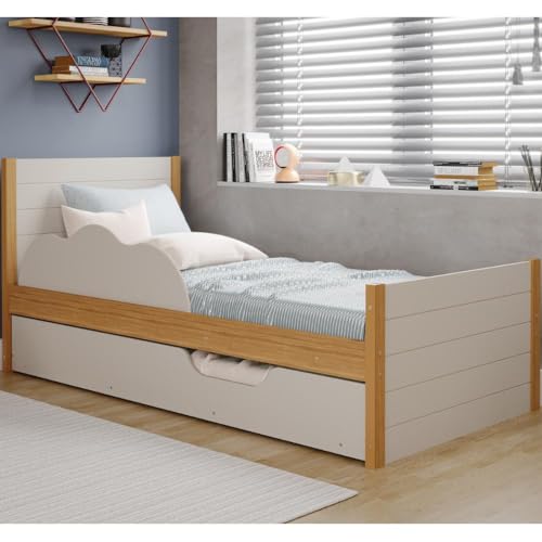 Bicama Infantil Solteiro 100% Mdf Bibox Cama Auxiliar Com Rodizio Nuvem Nature/off White