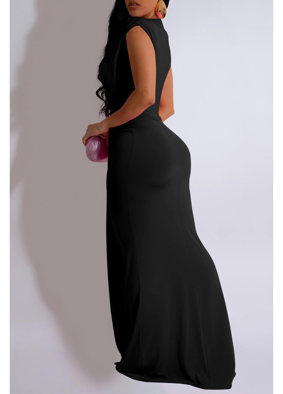 Vestido Largo sin Mangas con Cuello en V Profundo y Sexy para Mujer Vestido Largo Ajustado con Pliegues hasta el Suelo para Fiesta de Noche Formal