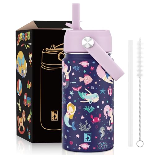BuyOn Kids Water Bottle 410ml Stainless Steel Hydro Flask Double Wall Insulated Thermos Bottle with Straw Lid BPA Free Cup Hot Cold Sports Toddler School Boys Girls 14oz (MERMAID 410ML)