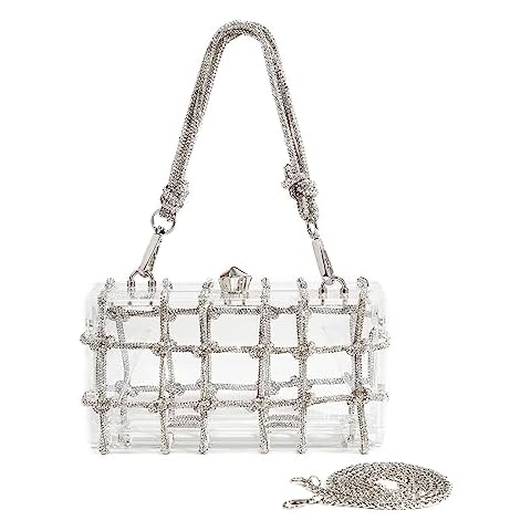 SharPlus Rhinestone Purse Clear Acrylic Clutch with Glitter Silver Diamond Knotted Rope for Women, Bling Hard Box Evening Bag Cover