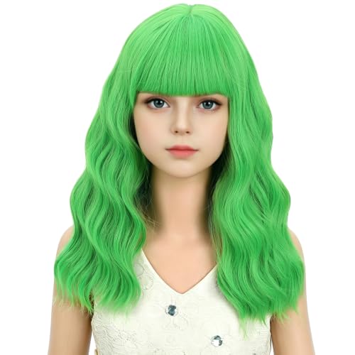 Image of Adult Green Wig Women Short Green Wavy Curly Wigs Adult Wig with Air Bangs Synthetic Cosplay Hair Wigs