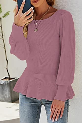 Image of Womens Fall Puff Sleeve Peplum Casual Slim Fit Knit Pullover Sweater Jumper Tops