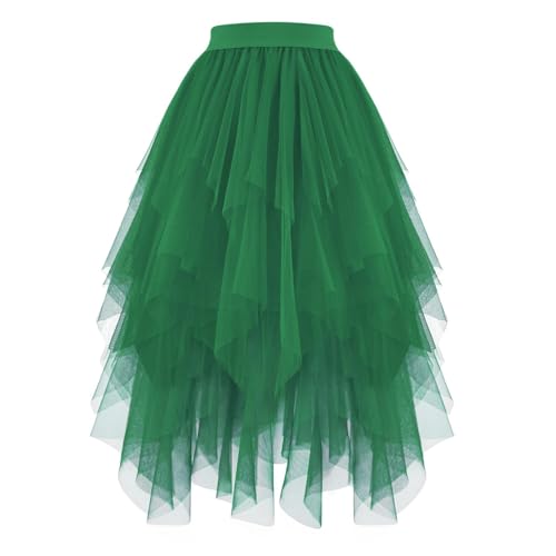 JASGOOD Women's Tulle Skirt High Low Layered Irregular Ladies Elastic Waist A-Line Midi Ballet Skirt for Prom Party Daily, Green, S