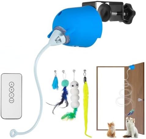 Cat Toys Interactive for Indoor, Rechargeable Toy Hanging Door Electric with 4pcs Feathers Toys for Bored Kittens (Blue)