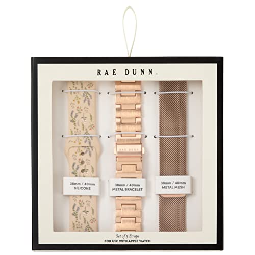 Rae Dunn Apple Watch Set of 3 Straps Fits 38mm 40mm Mesh, Silicone, Link Bracelet (38mm/40mm, Rose Gold, Pink, Rose Gold)