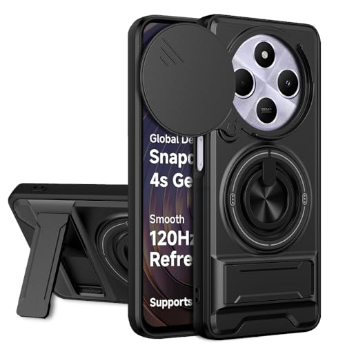 Image of AESTMO Redmi A4 / 14C / C75 5G / M7 5G Back Cover | Armor Camera Slider 360 Degree Rotating Finger Ring Holder Case with Bracket Stand Back Case Cover (Compatible with MagSafe Accessories) (Black)