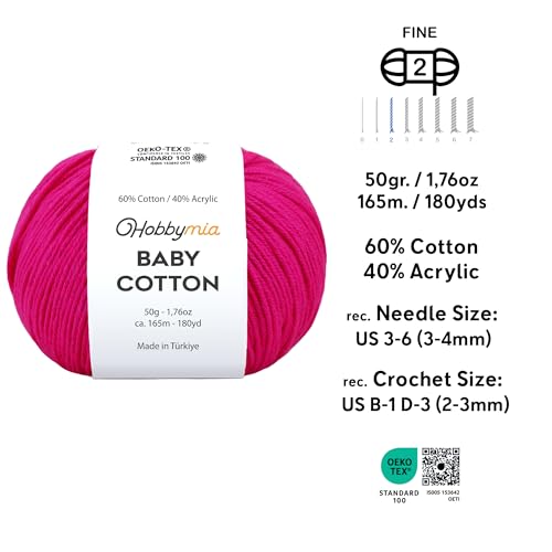 Image of Baby Cotton Blend Yarn - Soft Sport Weight Yarn for Crochet & Amigurumi - 50g /180yds - 60% Cotton 40% Acrylic - Ideal for Baby & Knitting Proj.(Hot Pink, 2 Balls)