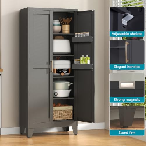 Kitchen Pantry Cabinet, Tall Metal Storage with Doors & Adjustable Shelves - image 4
