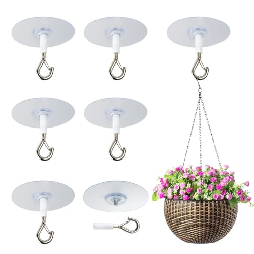 YunJoyous 6 Pcs Ceiling Hooks Self Adhesive Heavy Duty Self-Stick No Drill Ceiling Hooks for Hanging Plants for Bird Feeders Lanterns Wind Chimes Planters Outdoor Decoration Hooks