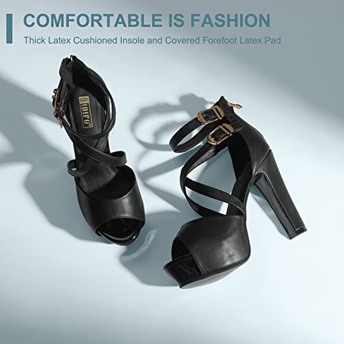 IDIFU Women's IN5 Charcy Crisscross Strappy Platform High Chunky Heels Peep Toe Pump Party Heeled Sandals(75 M US, Black Pu)