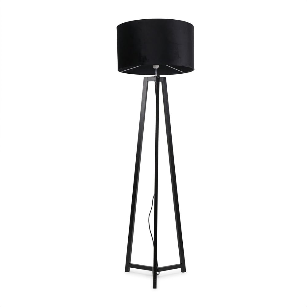 ValueLights Lottie Black Velvet Drum Shade & Black Wood Tripod LED Floor Lamp