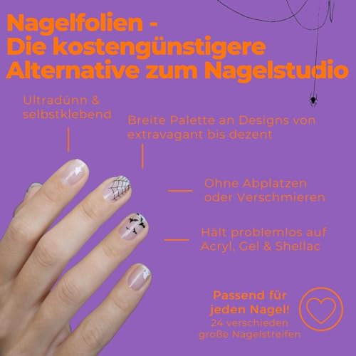 Original Miss Sophie Nagelfolien Halloween I 24 ultra-dünne Nagellack-Streifen mit Muster Black Widow I Für Finger- & Fußnägel I Hält auf Natur- sowie lackierten, Acryl-, Gel- & Shellac-Nägeln