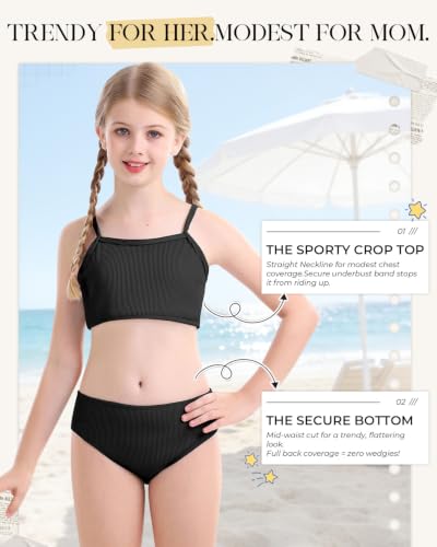 Image of Century Star Girls Ribbed 2-Piece Bikini Swimsuit - Fully Lined Modest Bathing Suit for Teens & Tweens