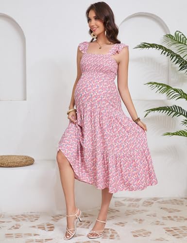 Image of KOJOOIN Womens Maternity Dress Summer Sleeveless Smocked Square Neck Ruffle Casual Boho Midi Dress Baby Shower Photoshoot