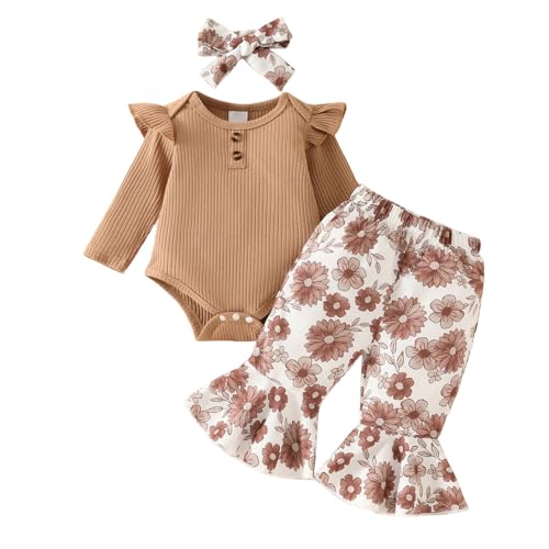 Image of Aoswep Newborn Baby Girl Clothes Infant Girl Outfits Long Sleeve Ruffle Romper + Floral Pants + Headband Set
