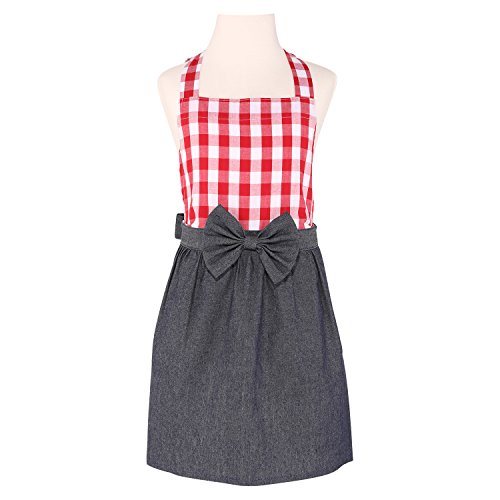 NEOVIVA Kitchen Apron for Kids with Pockets Cute Child Apron for Girls with Large Bow Knot Checked Denim Apron for Pretend Kitchen Checked Red