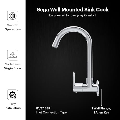 Image of Johnson Sega Brass Wall Mounted Sink Cock for Kitchen | Chrome Finish Kitchen Faucet with Wall Flange | Corrosion Resistant Brass Kitchen Tap | Cold Water Sink Faucet | 10-Year Warranty
