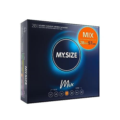 MY.SIZE Mix Premium Kondome Größe 4, 57 mm – 28 Stück | 4 Varianten: Classic, Genoppt, Blau & Rot | Großpackung