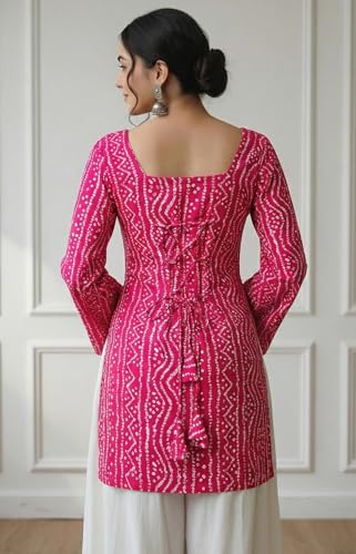 Image of MAHIRA'S Women's Short Kurti, Black Rayon Tunic Top with Embroidered Sleeves, 3 /4 Designer Sleeves