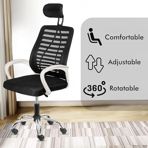 Image of Casa Copenhagen,Mesh Office Desk,Rocking, Ergonomic Computer Chair Adjustable High with Headrest and Comfortable Armrest Swivel Chair - Black & White Handle