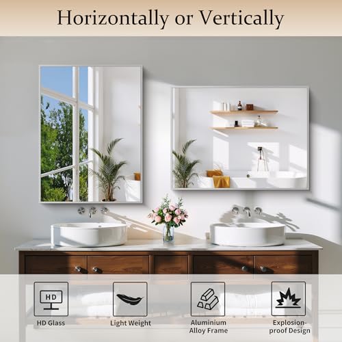 Image of COFENY Silver Bathroom Mirror for Wall, 24x32 Inch Rectangle with Metal Frame, Modern Vanity for Bathroom Living Room, Entryway Hangs Horizontal or Vertical
