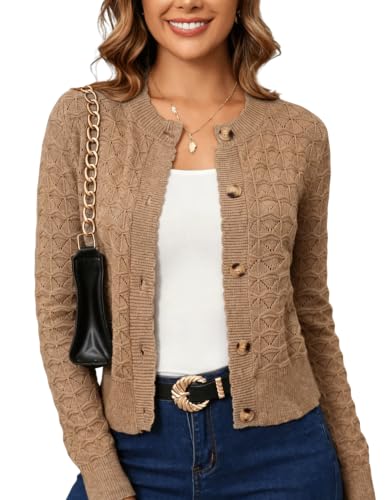 Image of Women's Long Sleeve Cropped Knitted Sweater Cardigan Button Down Open Front Knitted Shrug Sweaters