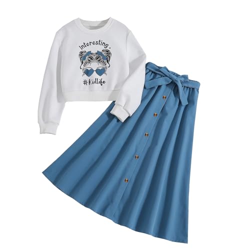 Image of Girls autumn dress Character Print pullover Sweatshirt With Solid Button Front Skirt 2 piece outfit 7-13 Years