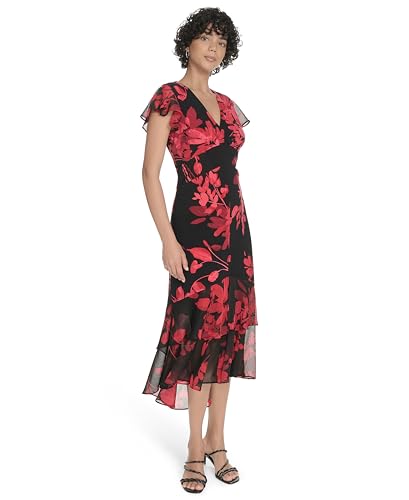 Image of Tommy Hilfiger Women's Flutter Sleeve V-Neck Ruffle Trim Hi-Lo Midi Dress