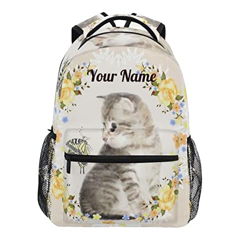 Custom Cat and Rose School Backpack,Personalized Your Name for Boys Girls Kids Travel Bag Bookbag Cover