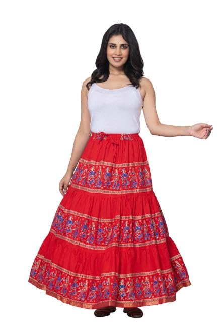 Image of Women's Cotton Printed Long Skirt | Ethnic Folk Print Tiered Maxi Skirt for Women | Elastic Waist Flared Boho Skirt | Traditional Casual for Women